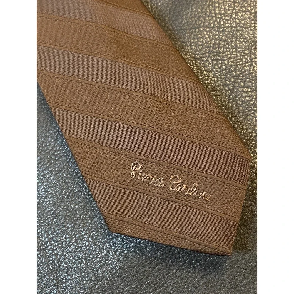 Pierre Cardin Vintage Men's Tie Brown Diagonal Stripes Polyester Logo Slim Style